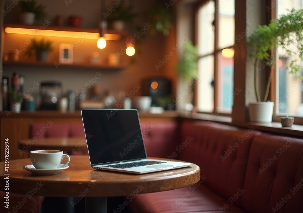 Cozy cafe setting with laptop and coffee during daytime work hours. Cozy cafe setting with laptop and coffee during daytime work hours.