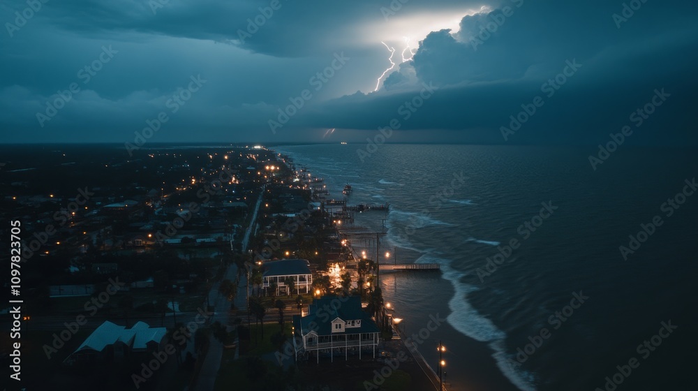 Fototapeta premium Dramatic Coastal Scene at Night with Thunderstorm and Lightning Illuminating the Ocean and Shoreline in a Quiet Town with Flickering Lights
