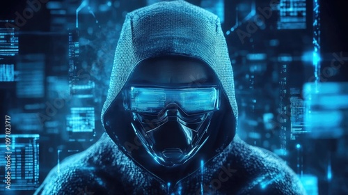 A mysterious figure in a hoodie and futuristic glasses, exuding a cyberpunk vibe amidst a backdrop of digital code. photo