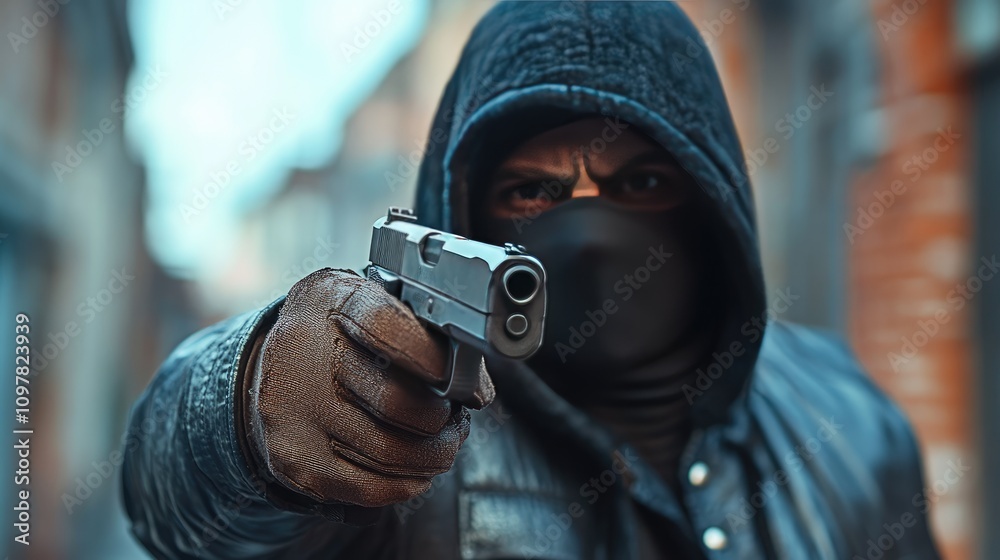 A masked male figure in a dark hoodie aims a handgun directly at the camera, evoking a tense and dramatic atmosphere.