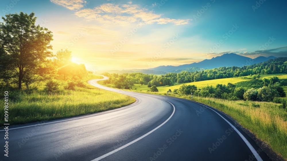 Empty highway stretching ahead through scenic landscapes, ideal for a classic road trip scene Empty highway stretching ahead through scenic landscapes, ideal for a classic road trip scene