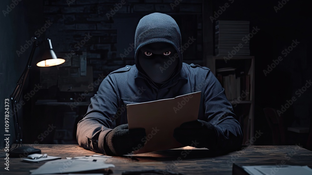 A male figure in a black mask and gloves studies documents under dim light, creating a tense atmosphere. A male figure in a black mask and gloves studies documents under dim light, creating a tense atmosphere.