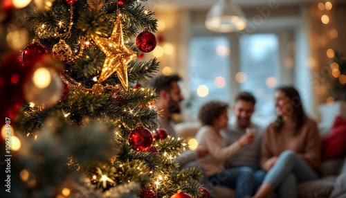 Festive Christmas tree with sparkling ornaments and a cozy family in the background.

 photo