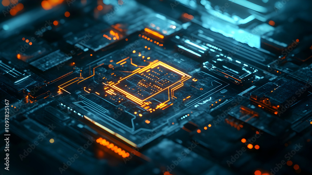 A glowing orange circuit board with a luminous central processor, representing high-speed data processing and advanced technology. A glowing orange circuit board with a luminous central processor, representing high-speed data processing and advanced technology.