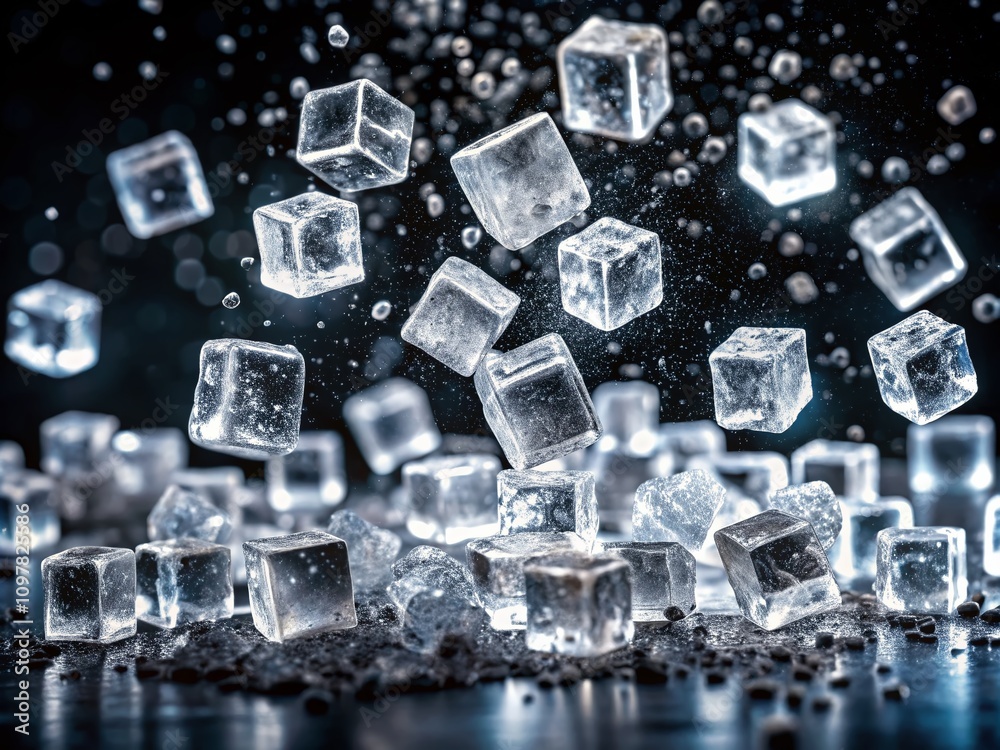 Collection of Ice and Sugar Cubes in Low Light Photography, Capturing the Elegance of Flying Ice Cubes with Black Outlines Against a White Background Collection of Ice and Sugar Cubes in Low Light Photography, Capturing the Elegance of Flying Ice Cubes with Black Outlines Against a White Background