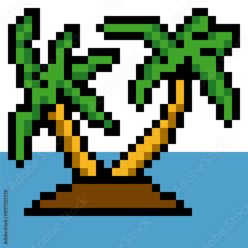 Palm tree and sea in pixel art style