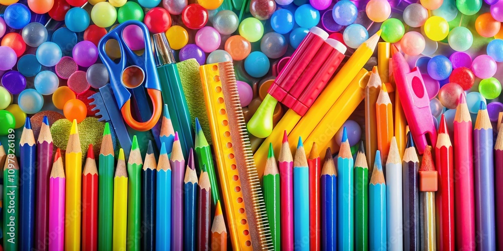 Colorful Back to School Stationery Pattern Featuring Pencils, Notebooks, and Art Supplies for Kids' Education and Study Accessories in a Fun and Engaging Design Colorful Back to School Stationery Pattern Featuring Pencils, Notebooks, and Art Supplies for Kids' Education and Study Accessories in a Fun and Engaging Design