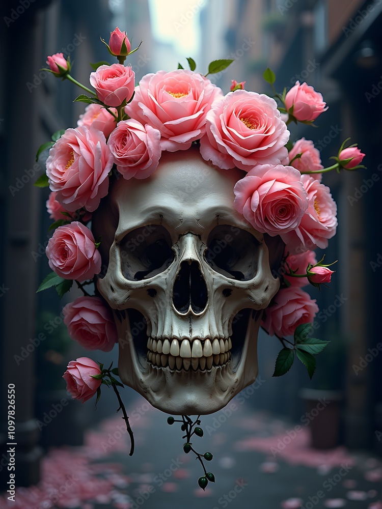 a skull surrounded by roses