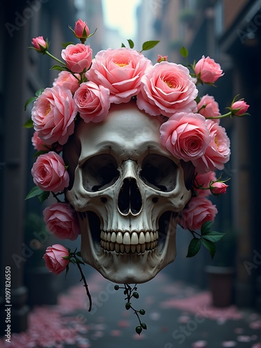Obraz na płótnie a skull surrounded by roses w salonie