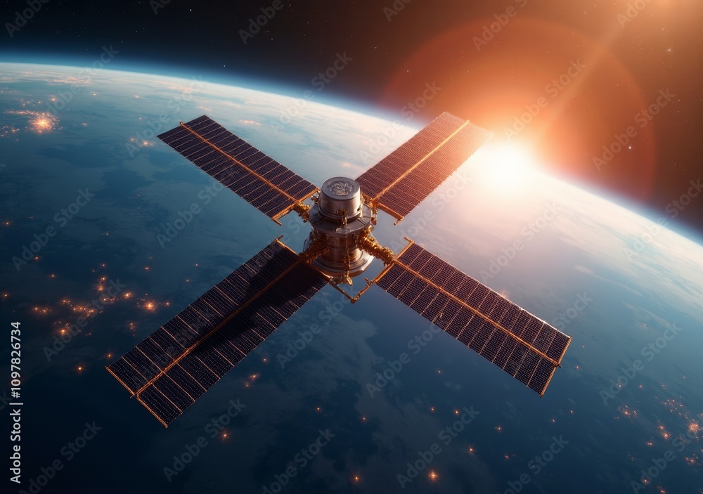 Satellite orbits Earth during sunrise showcasing technology in space. Satellite orbits Earth during sunrise showcasing technology in space.