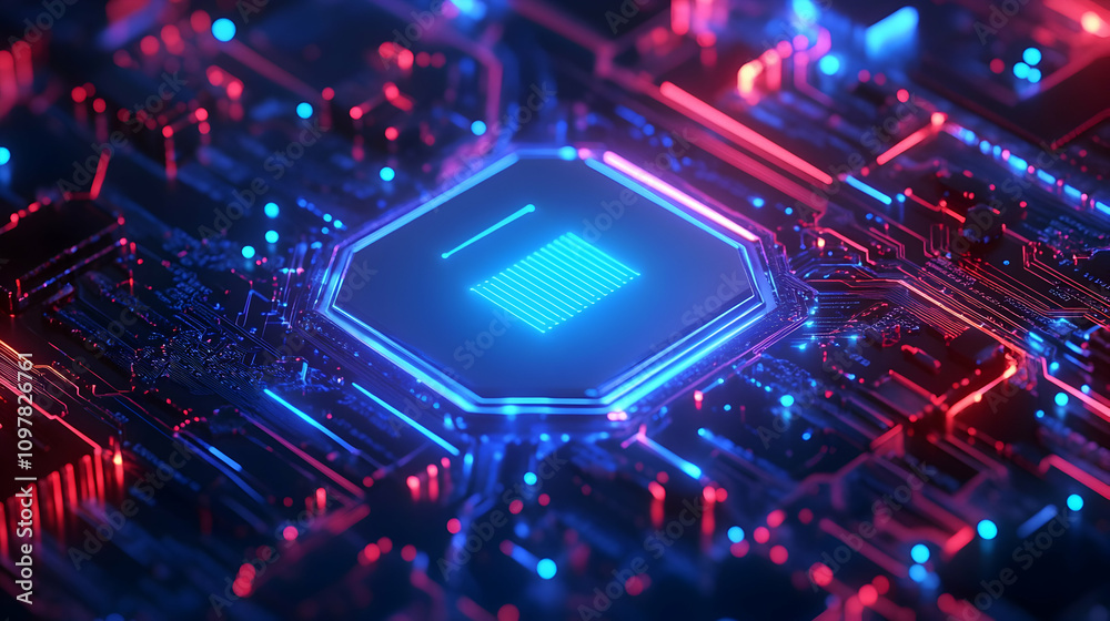 A glowing blue hexagonal chip on a circuit board, symbolizing advanced electronics and futuristic design. A glowing blue hexagonal chip on a circuit board, symbolizing advanced electronics and futuristic design.