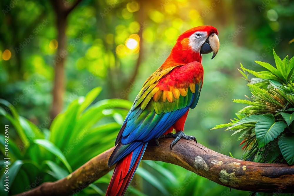 Colorful Parrot Perched on a Branch Amidst Lush Greenery with High Depth of Field for Stunning Nature Photography and Wildlife Enthusiasts