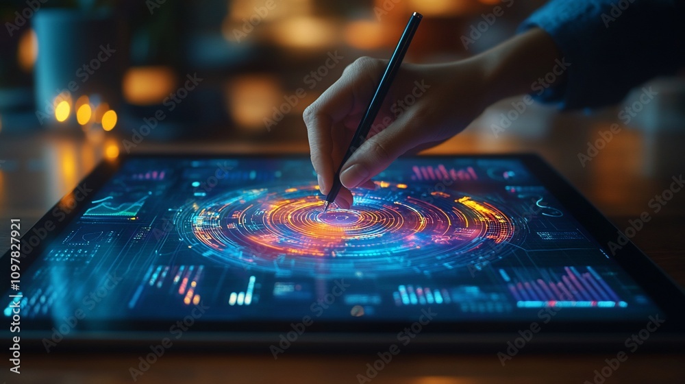Fototapeta premium Hand using stylus on tablet, drawing futuristic data visualization.