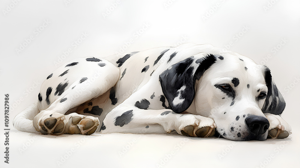 A watercolor Dalmatian lying in a relaxed pose, its sleek body stretched out, painted gently against white A watercolor Dalmatian lying in a relaxed pose, its sleek body stretched out, painted gently against white