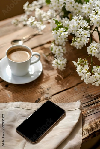 Rustic style. Mock up cell phone on wooden table on linen towel by window. Nearby a bouquet of wild white flowers and a white mug with coffee with milk. Vertical image