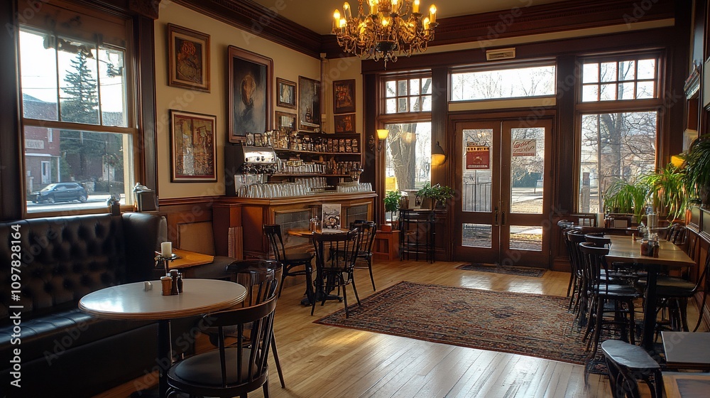 Fototapeta premium Cozy cafe interior with vintage decor, hardwood floors, and ample seating.