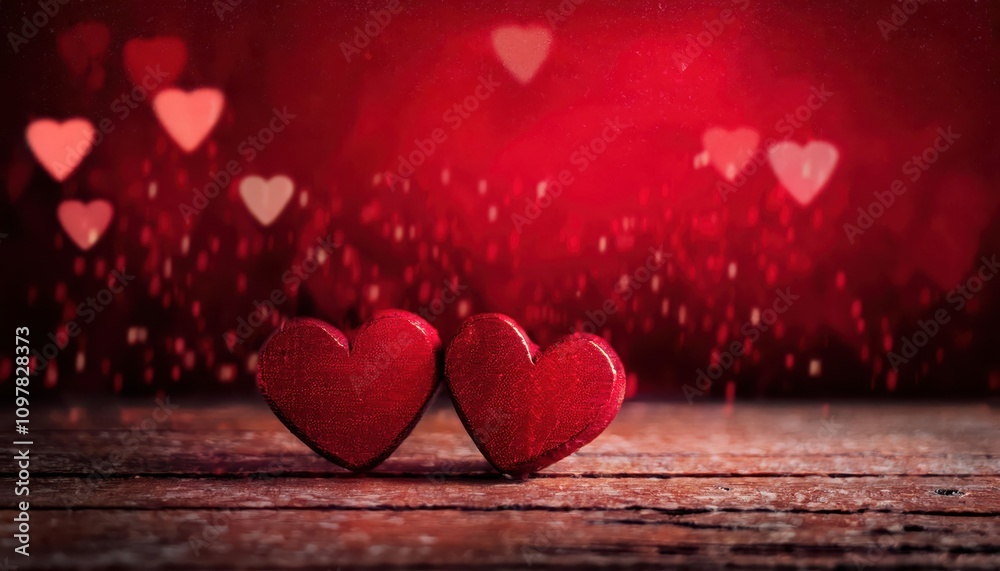 Romantic Rustic Valentine's Day Theme. Two Wooden Hearts Symbolizing Love Amidst a Warm Red Glow. Perfect for Cards, Social Media Posts, or Celebratory Digital Design Concepts