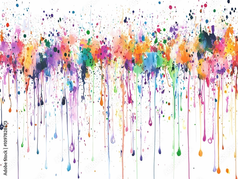Fototapeta premium artistic representation of colorful splotches and paint drips cascading down the page. Artistic imagination, expression. Colourful life. Becoming artist. Abstract painting. Artist day.