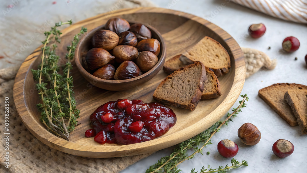 A rustic platter featuring roasted chestnuts, slices of artisan bread, and a vibrant cranberry sauce, surrounded by fresh thyme and autumnal elements for a cozy seasonal treat. A rustic platter featuring roasted chestnuts, slices of artisan bread, and a vibrant cranberry sauce, surrounded by fresh thyme and autumnal elements for a cozy seasonal treat.