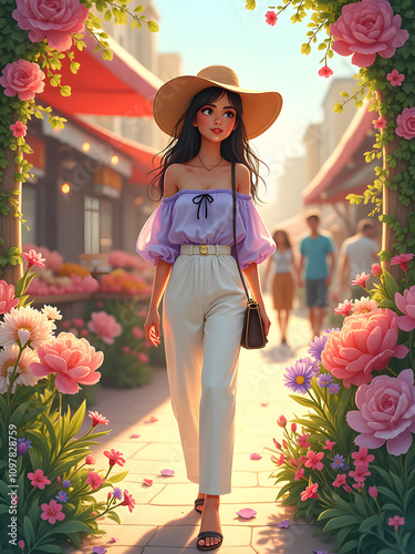 girl walking on a street with flowers
