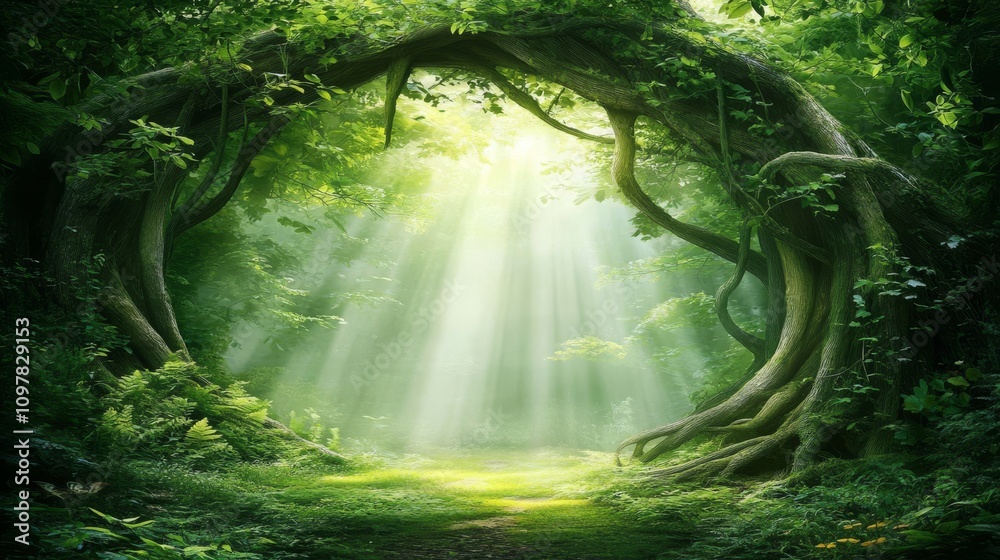 Obraz premium Serene Forest Pathway Bathed in Sunlight with Lush Greenery and Magical Atmosphere Surrounded by Towering Trees and Soft, Misty Light