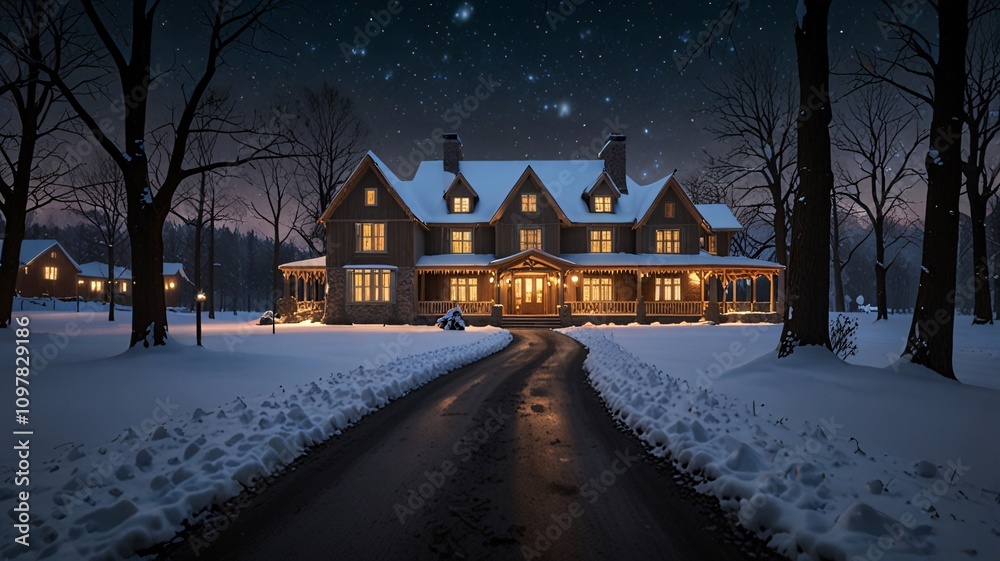 Cozy Wooden Cabin in Snowy Landscape with Warm Night Lights V7
