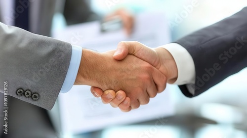 Closeup of two businesspeople shaking hands with documents being exchanged in the background, business trust, sealed deal