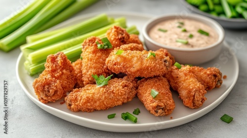 A plate of crispy chicken wings served with celery and dipping sauce.