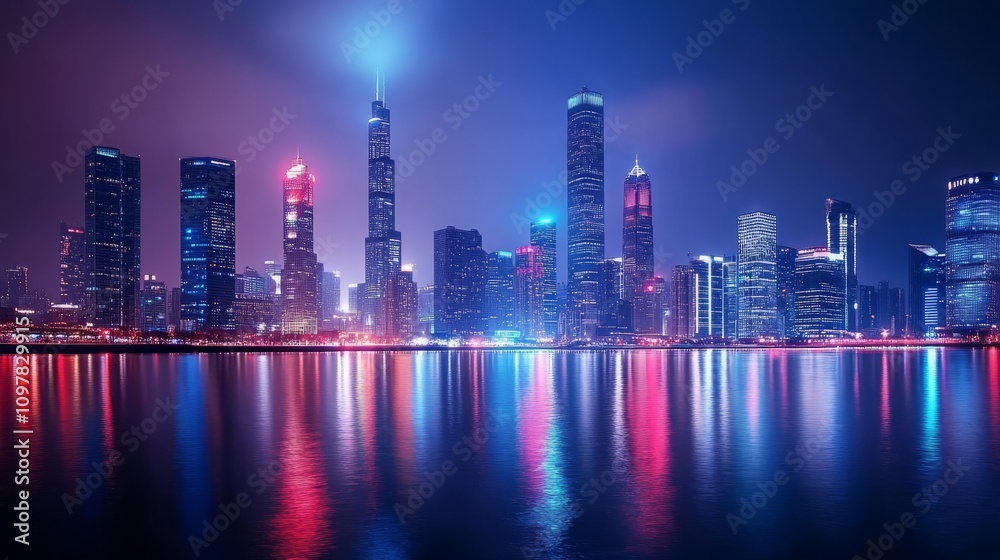 Fototapeta premium Stunning Nighttime Cityscape with Skyscrapers and Reflections on Water Under Colorful Lights in Urban Landscape