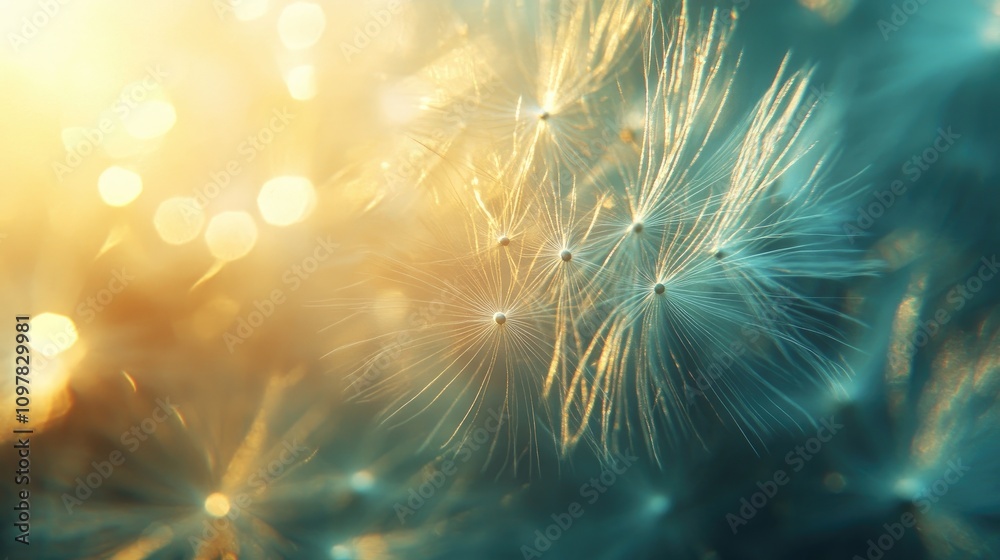 Fototapeta premium Close-up of delicate dandelion seeds illuminated by soft golden light, creating a dreamy and ethereal atmosphere.