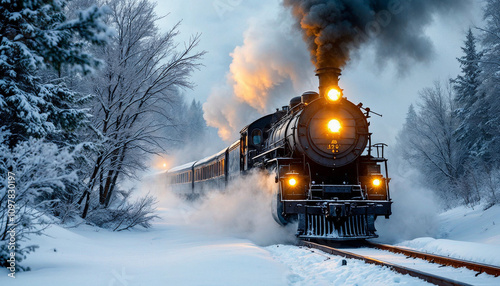 Old steam locomotive cutting through snowy landscape with glowing headlights.

 photo