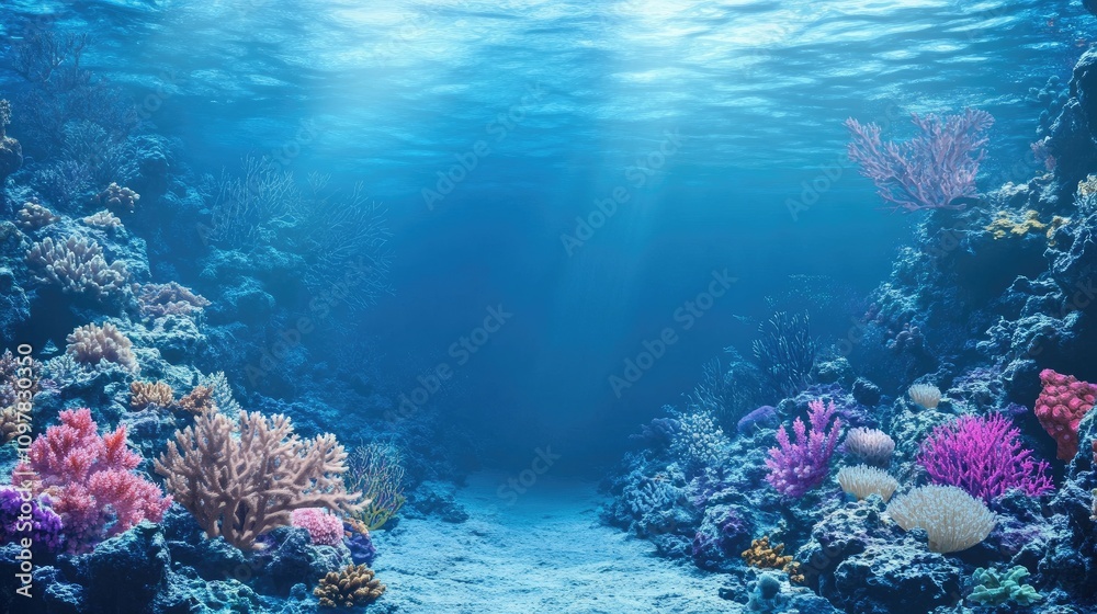 Naklejka premium Vibrant underwater scene showcasing colorful corals in a serene blue ocean environment.