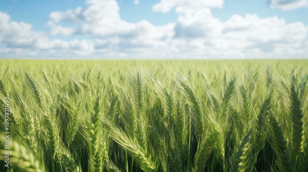 Vibrant green wheat field under a clear blue sky with fluffy clouds. Vibrant green wheat field under a clear blue sky with fluffy clouds.