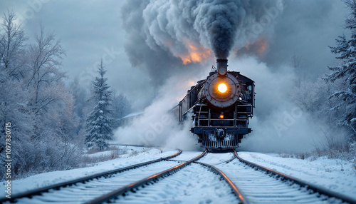 Old steam locomotive cutting through snowy landscape with glowing headlights.

 photo