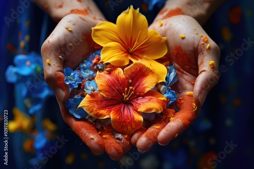 Vibrant Yellow Blue and Red Flower Petals Adorn a Person s Hand Creating a Captivating Floral Display