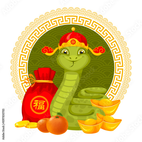 Green snake, symbol of Chinese lunar New Year 2025. Cute smiling snake with red bag, gold ingots and coins. Wishes wealth and prosperity in New Year. Hieroglyph means Good Luck. Vector illustration