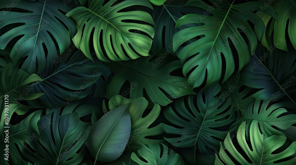 Fototapeta premium A lush arrangement of vibrant green tropical leaves, creating a rich and calming backdrop.