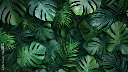Wallpaper Mural A lush arrangement of tropical leaves in various shades of green, creating a vibrant and serene backdrop. Torontodigital.ca