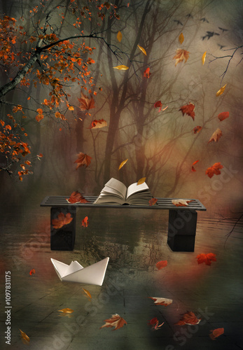 An open book on a bench in an autumn park surrounded by falling colorful leaves. Digital art.