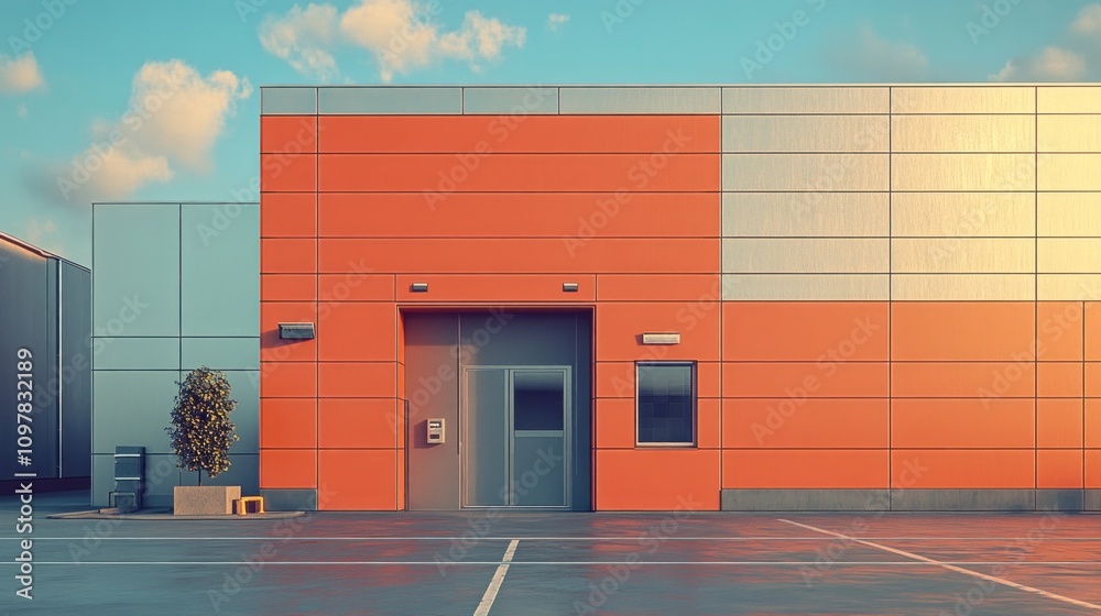 Obraz premium A large red building with a green plant in front of it