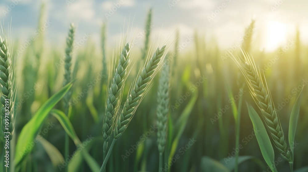 Close-up of lush green wheat stalks with ear formations illuminated by golden sunlight, conveying a sense of growth and abundance. Close-up of lush green wheat stalks with ear formations illuminated by golden sunlight, conveying a sense of growth and abundance.