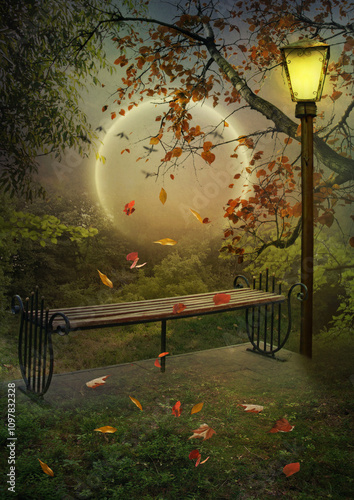 Bench in the light of a street lamp in an autumn night park. Digital art.