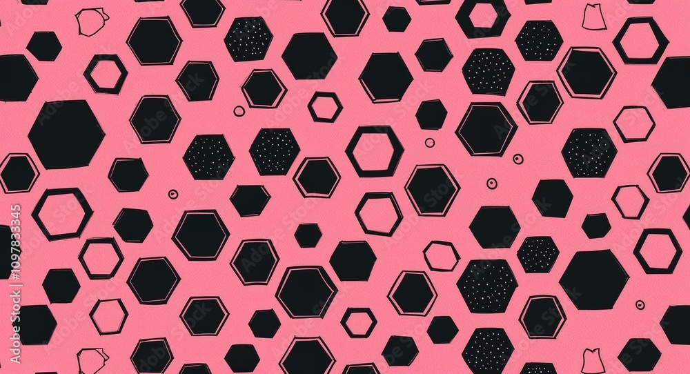 Fototapeta premium Black Octagon pattern hand drawn design on Pink background illustration