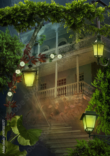 An old house twined with vines in the light of street lamps. Digital art.