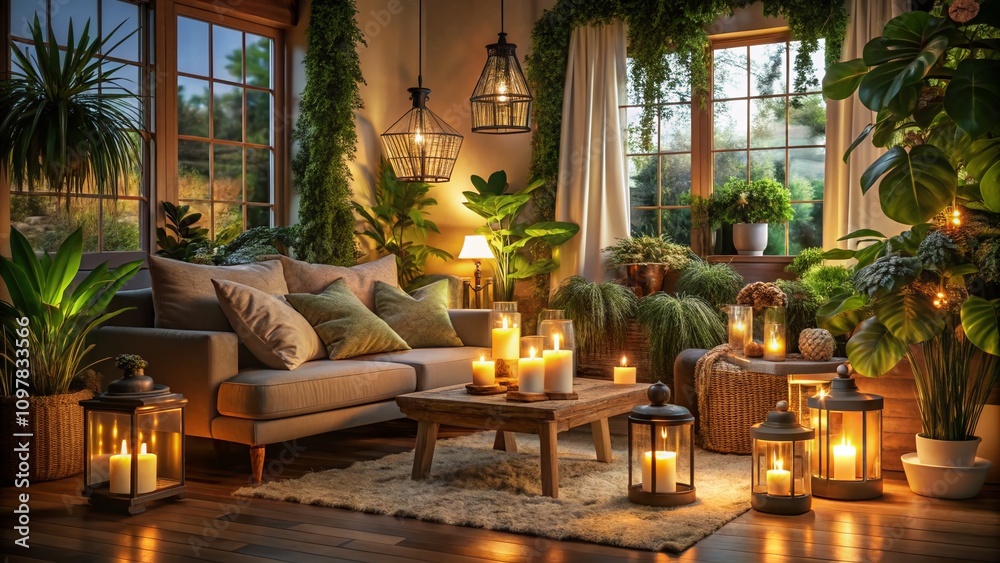 Cozy Living Room with Lanterns and Plants for a Serene Festival Atmosphere - Perfect Night Photography Inspiration Cozy Living Room with Lanterns and Plants for a Serene Festival Atmosphere - Perfect Night Photography Inspiration