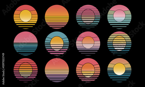 Retro-inspired circular nostalgic, vaporwave aesthetic vector illustration set