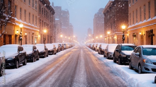 city street winter scene snowflakes falls on cars