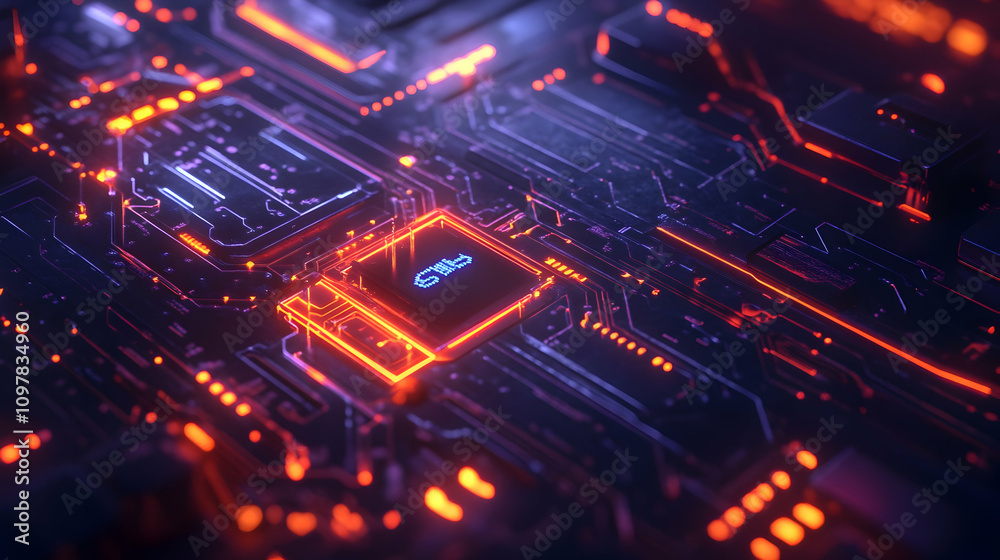 A futuristic motherboard with vibrant red and blue glowing circuits, emphasizing dynamic technology and innovation. A futuristic motherboard with vibrant red and blue glowing circuits, emphasizing dynamic technology and innovation.