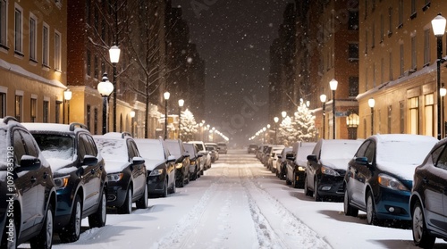Fototapeta Naklejka Na Ścianę i Meble -  Winter night snow fall, street parked cars
