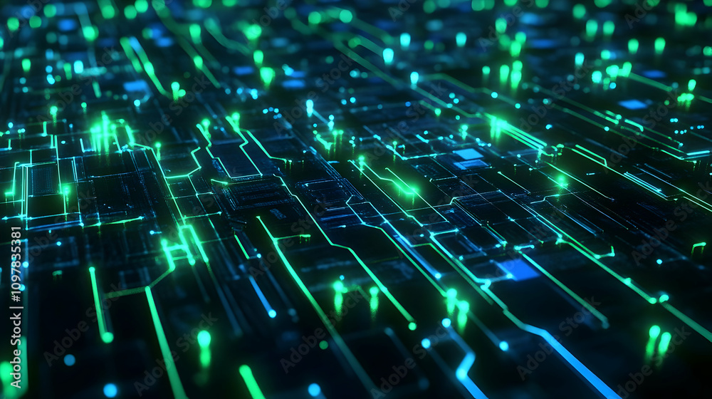 Fototapeta premium A vibrant green and black glowing digital matrix with intersecting lines and scattered bright nodes, representing a virtual network.